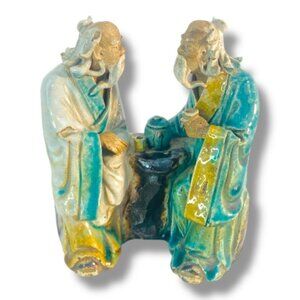 Antique c.1900 Handmade Shiwan Mudmen Two Old Men Seated Drinking Sake Tea